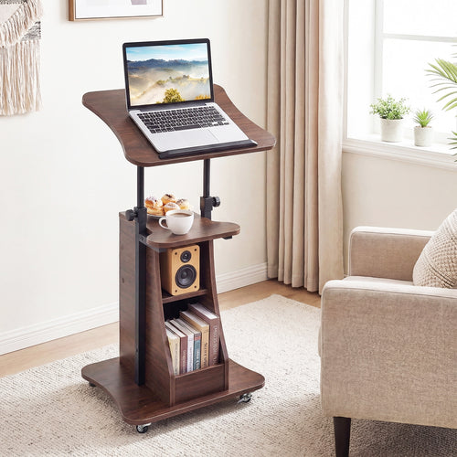 Mobile Podium Stand, Height Adjustable Laptop Cart, Brown