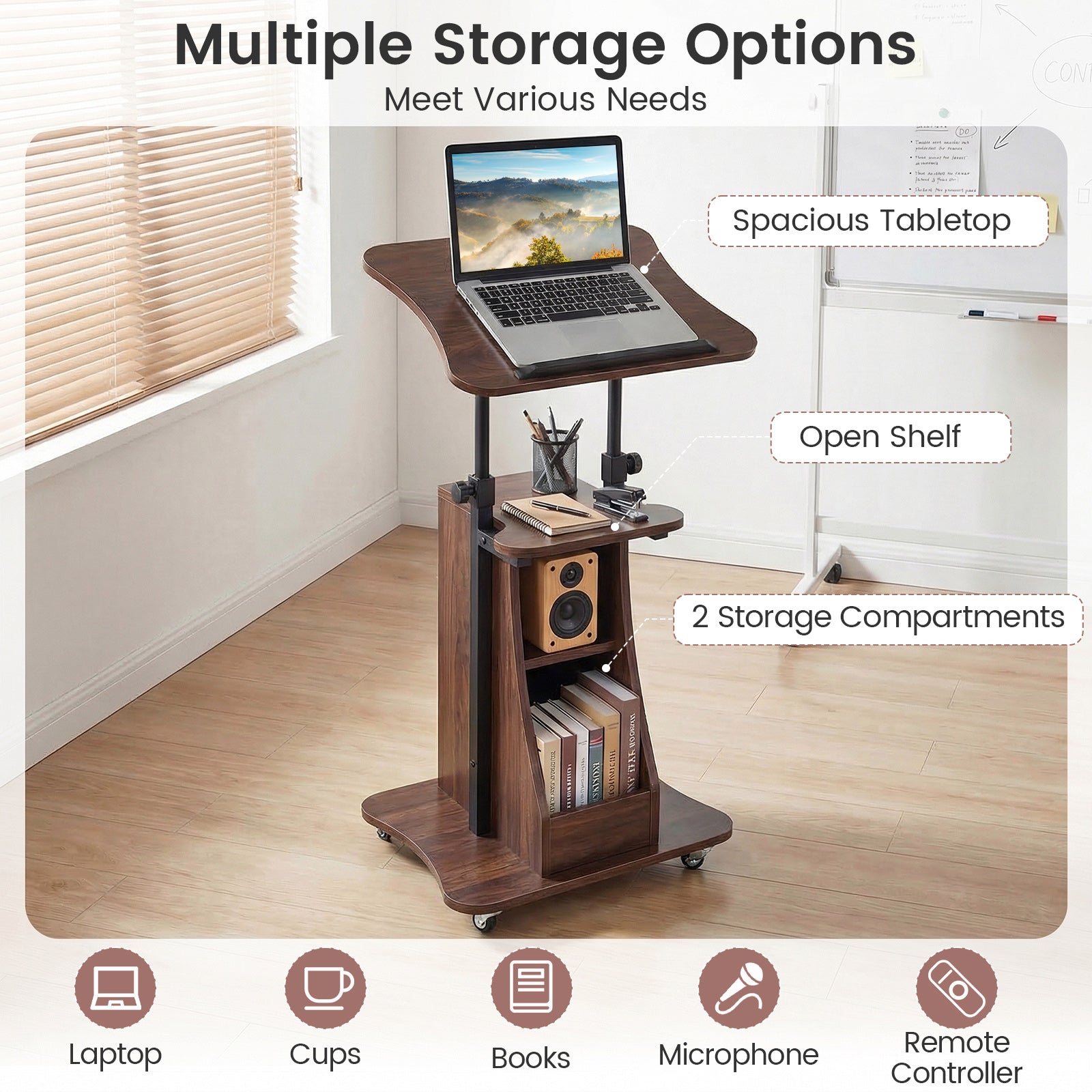 Mobile Podium Stand, Height Adjustable Laptop Cart, Brown Laptop Tables & Printer Stands at Gallery Canada