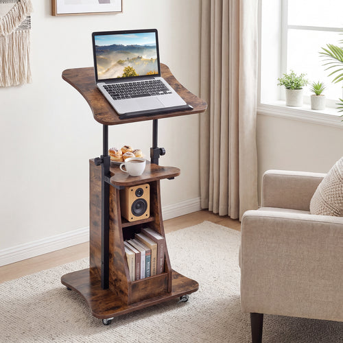 Mobile Podium Stand, Adjustable Height, Tilting Tabletop, Storage, Brown