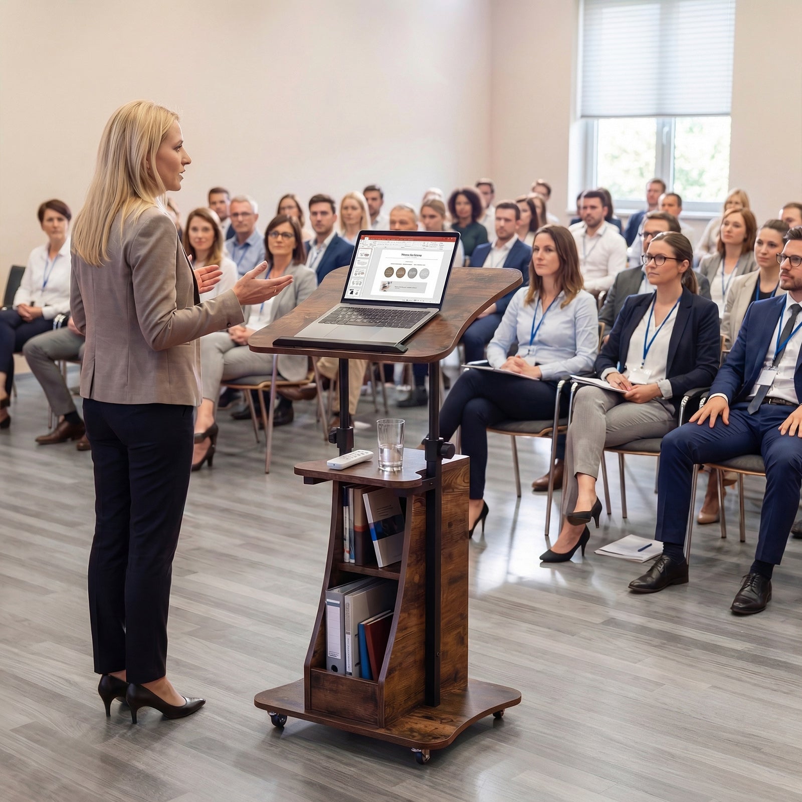 Mobile Podium Stand, Adjustable Height, Tilting Tabletop, Storage, Brown Laptop Tables & Printer Stands at Gallery Canada
