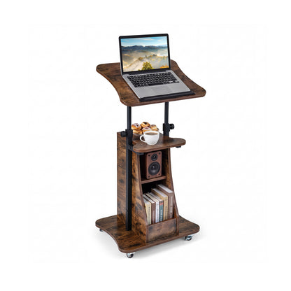 Mobile Podium Stand, Adjustable Height, Tilting Tabletop, Storage, Brown Laptop Tables & Printer Stands Rustic Brown at Gallery Canada