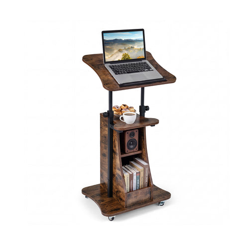Mobile Podium Stand, Adjustable Height, Tilting Tabletop, Storage, Brown
