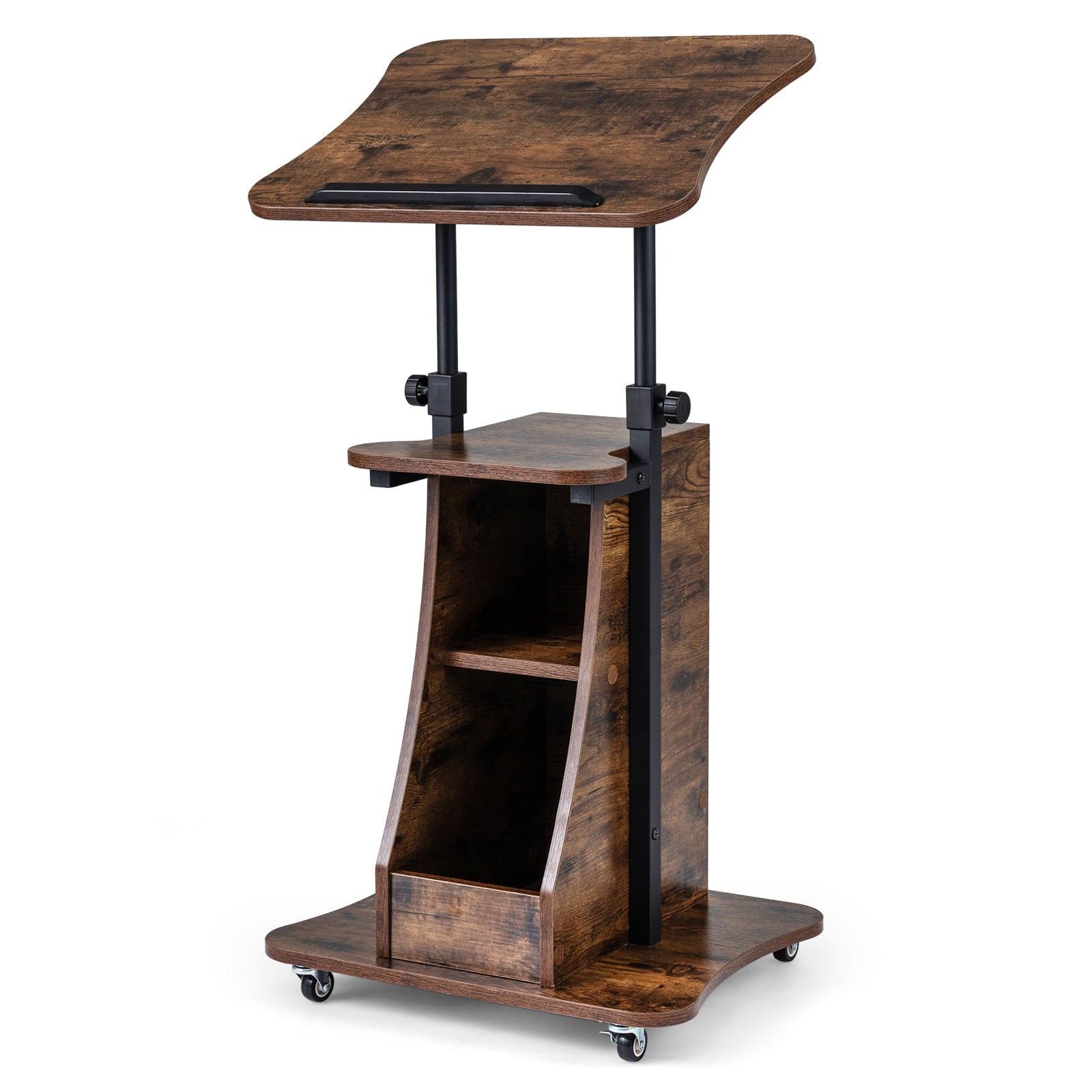 Mobile Podium Stand, Adjustable Height, Tilting Tabletop, Storage, Brown Laptop Tables & Printer Stands at Gallery Canada