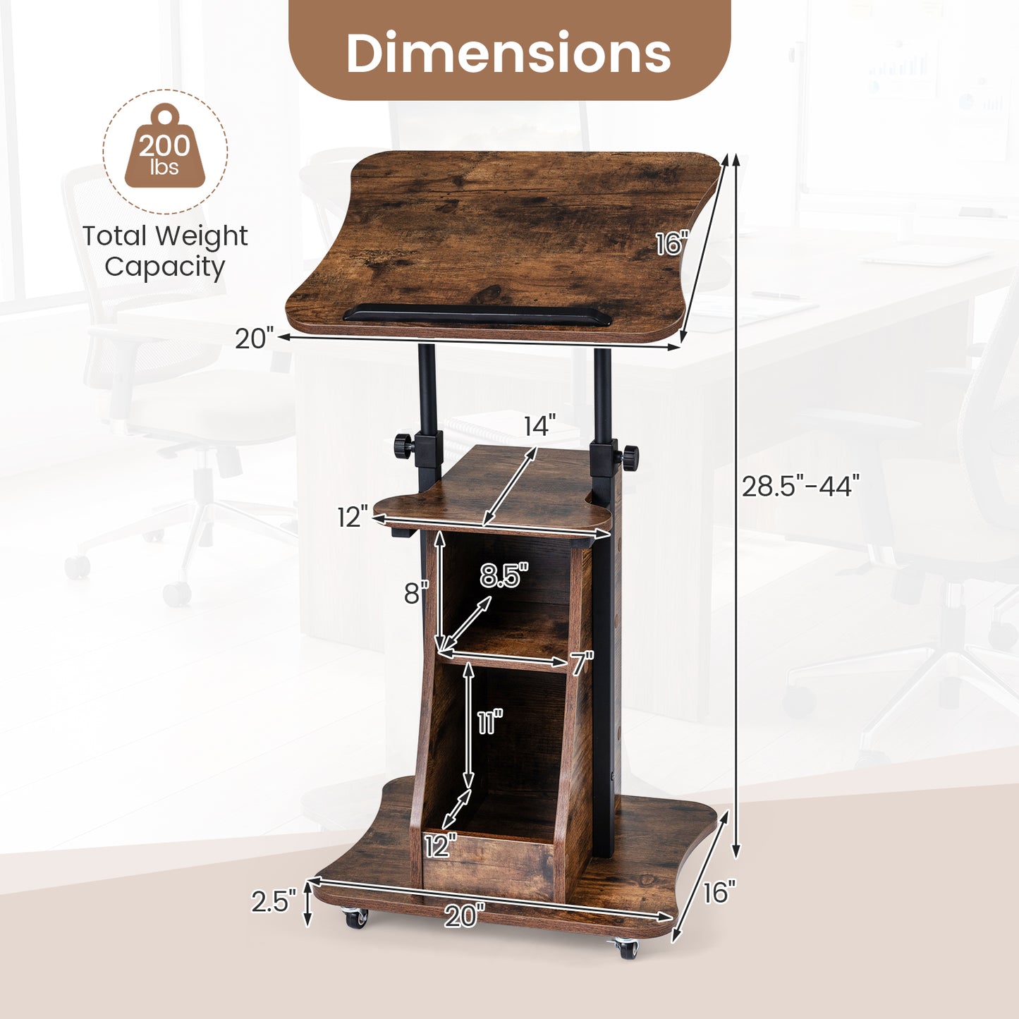 Mobile Podium Stand, Adjustable Height, Tilting Tabletop, Storage, Brown Laptop Tables & Printer Stands at Gallery Canada