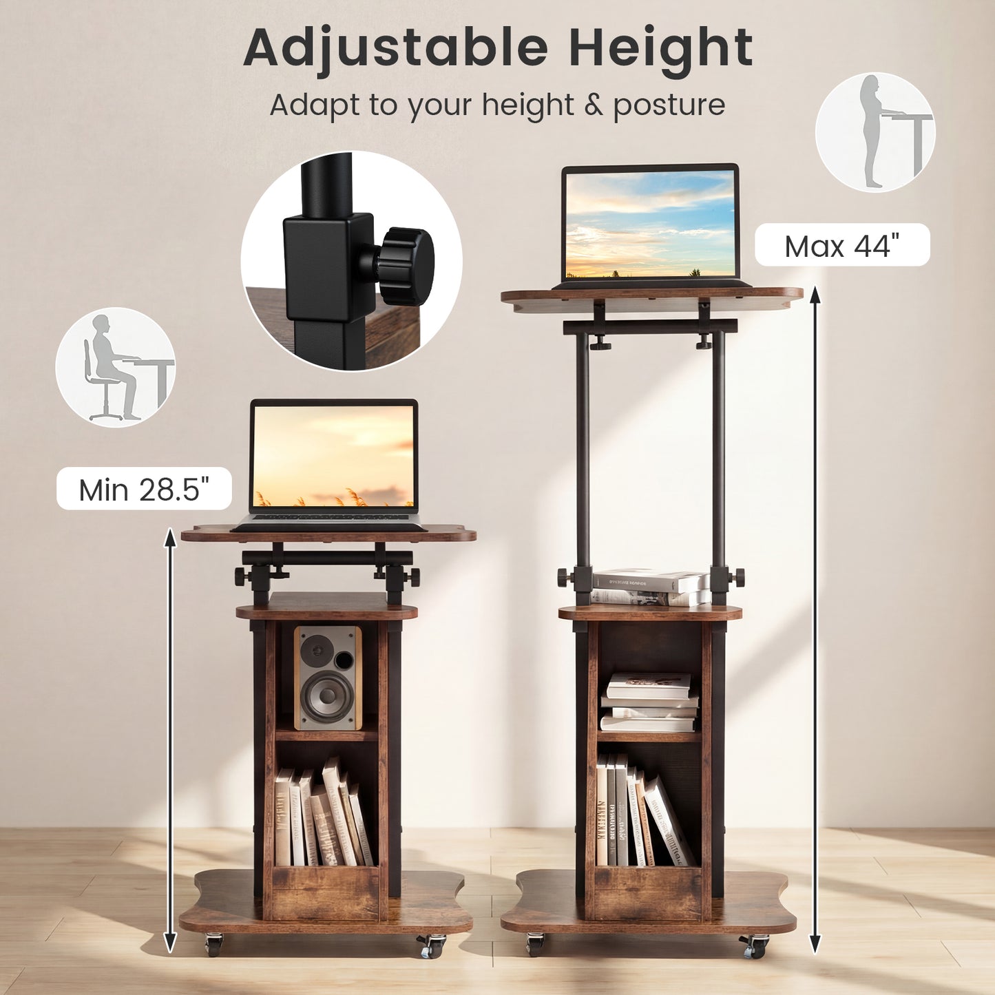 Mobile Podium Stand, Adjustable Height, Tilting Tabletop, Storage, Brown Laptop Tables & Printer Stands at Gallery Canada