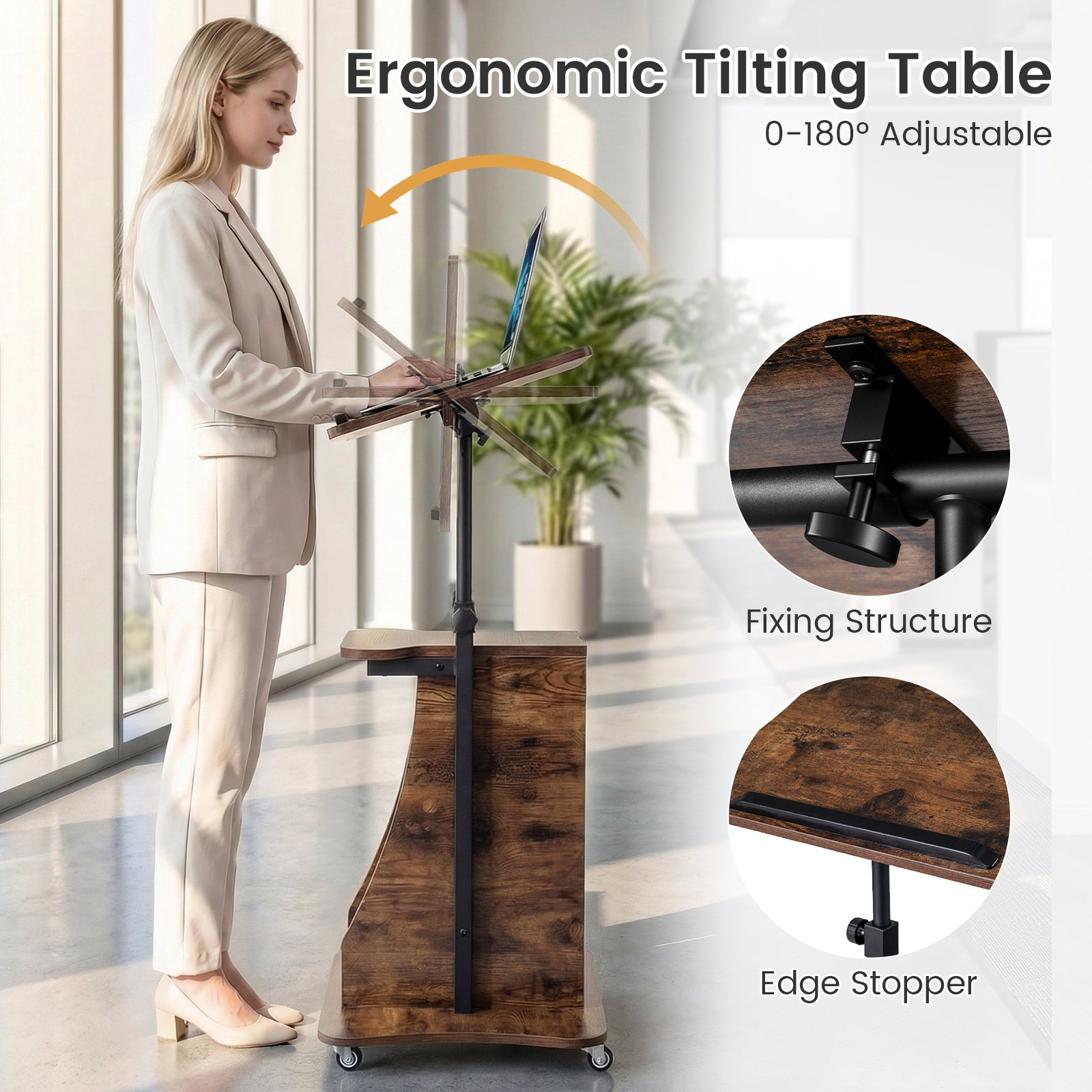 Mobile Podium Stand, Adjustable Height, Tilting Tabletop, Storage, Brown Laptop Tables & Printer Stands at Gallery Canada