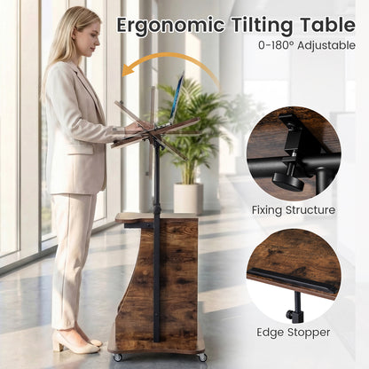 Mobile Podium Stand, Adjustable Height, Tilting Tabletop, Storage, Brown Laptop Tables & Printer Stands at Gallery Canada