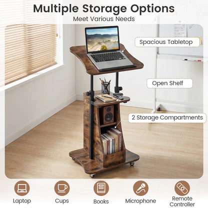 Mobile Podium Stand, Adjustable Height, Tilting Tabletop, Storage, Brown Laptop Tables & Printer Stands at Gallery Canada