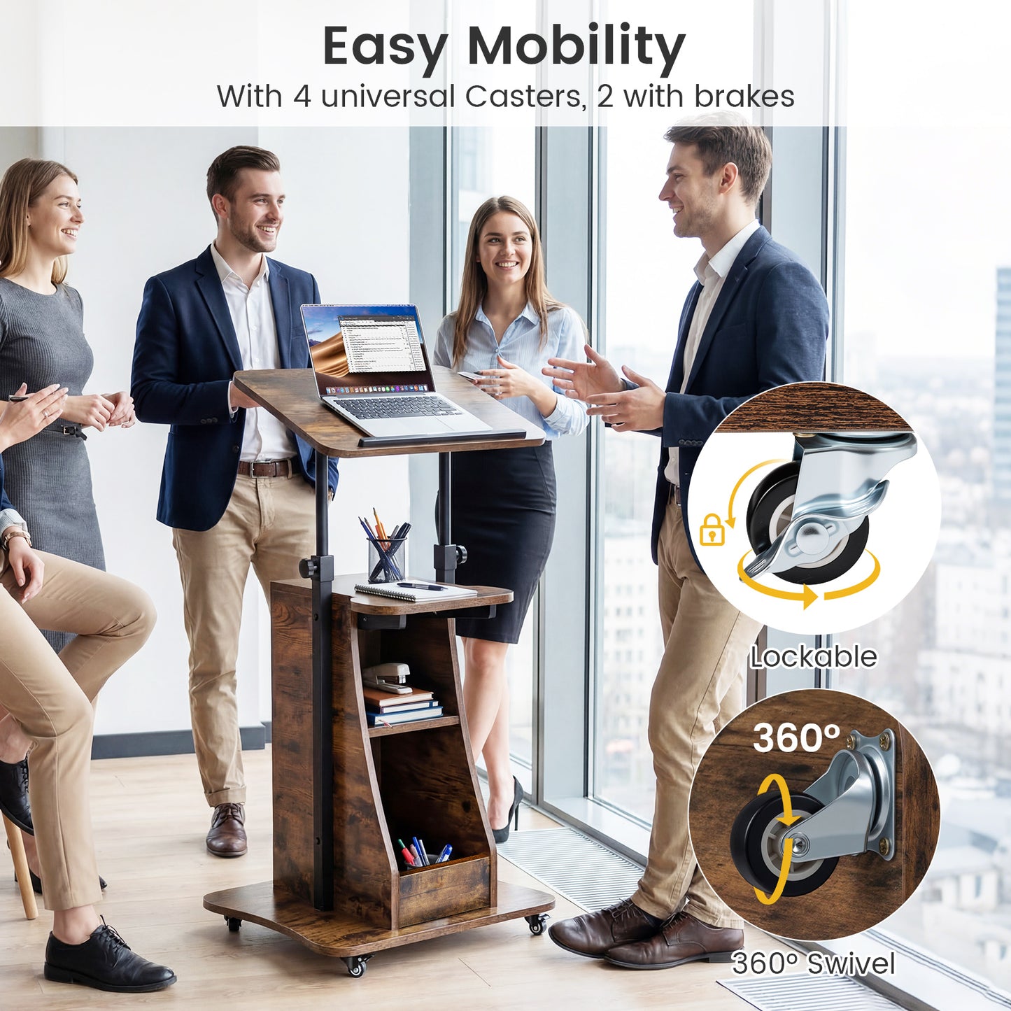 Mobile Podium Stand, Adjustable Height, Tilting Tabletop, Storage, Brown Laptop Tables & Printer Stands at Gallery Canada
