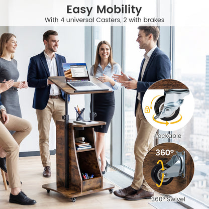 Mobile Podium Stand, Adjustable Height, Tilting Tabletop, Storage, Brown Laptop Tables & Printer Stands at Gallery Canada