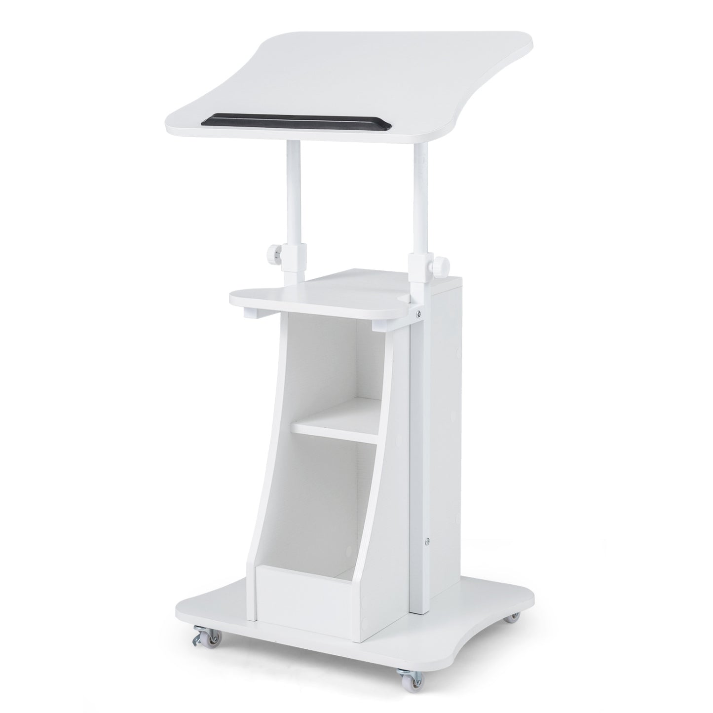 Height Adjustable Mobile Podium Stand, Tilting Tabletop, Storage Compartments, White Laptop Tables & Printer Stands at Gallery Canada