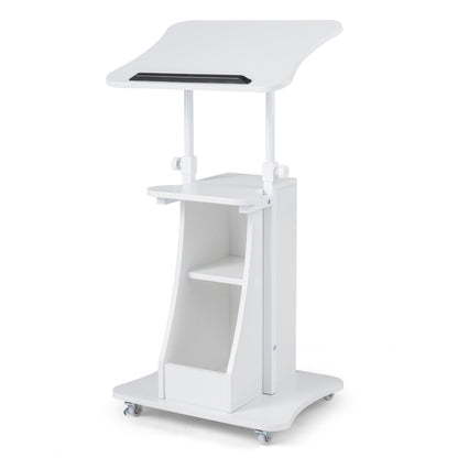 Height Adjustable Mobile Podium Stand, Tilting Tabletop, Storage Compartments, White Laptop Tables & Printer Stands at Gallery Canada