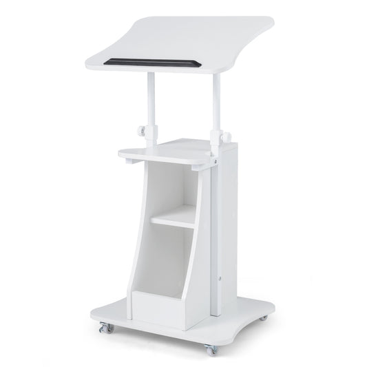 Height Adjustable Mobile Podium Stand, Tilting Tabletop, Storage Compartments, White Laptop Tables & Printer Stands White at Gallery Canada