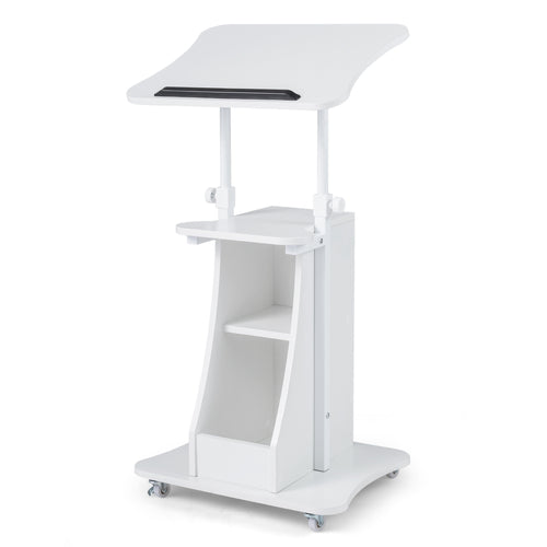 Height Adjustable Mobile Podium Stand, Tilting Tabletop, Storage Compartments, White