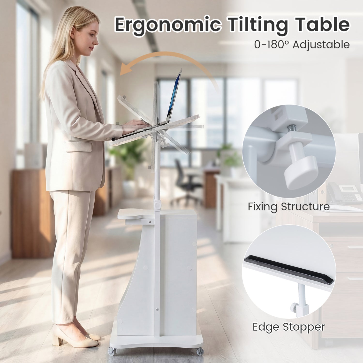 Height Adjustable Mobile Podium Stand, Tilting Tabletop, Storage Compartments, White Laptop Tables & Printer Stands at Gallery Canada