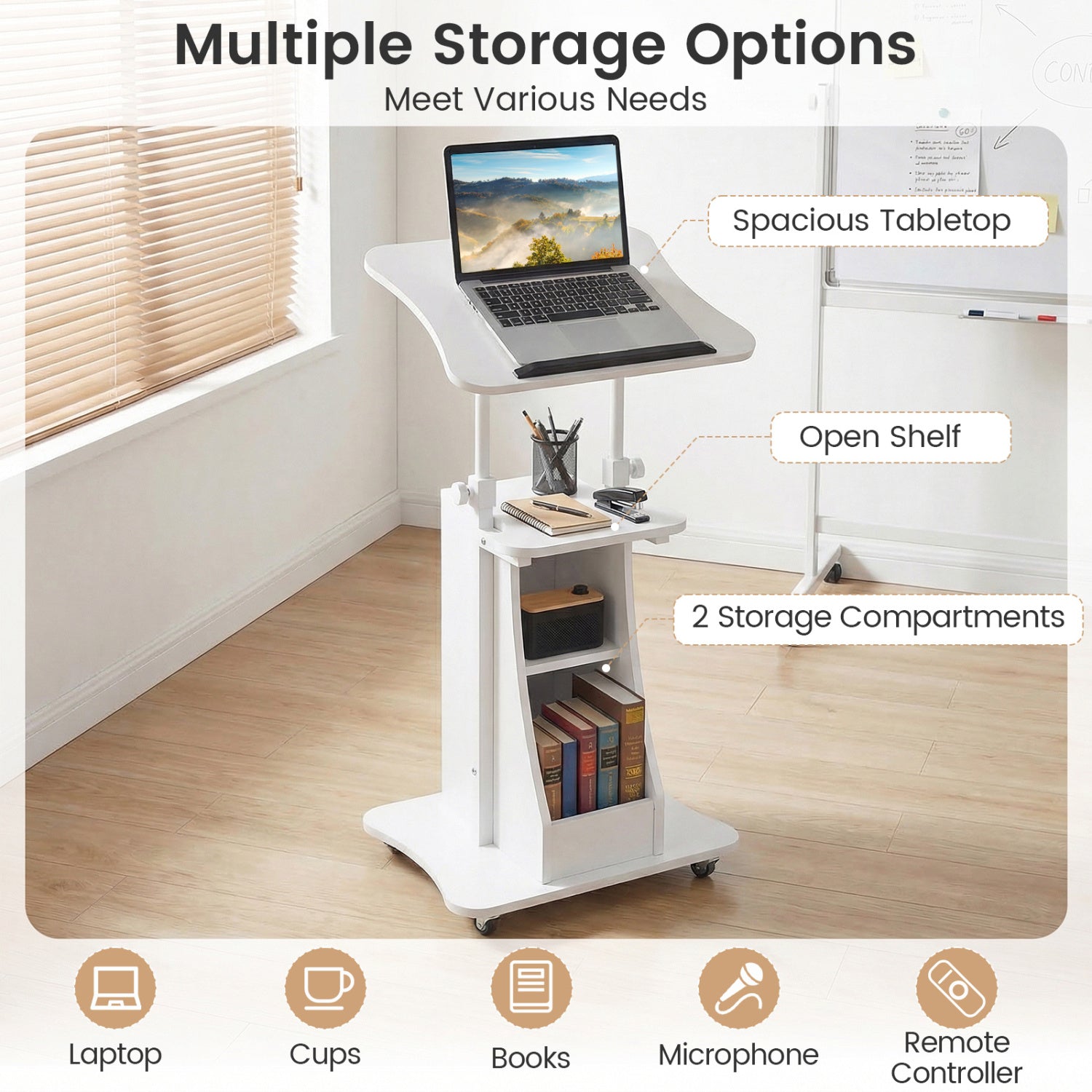 Height Adjustable Mobile Podium Stand, Tilting Tabletop, Storage Compartments, White Laptop Tables & Printer Stands at Gallery Canada