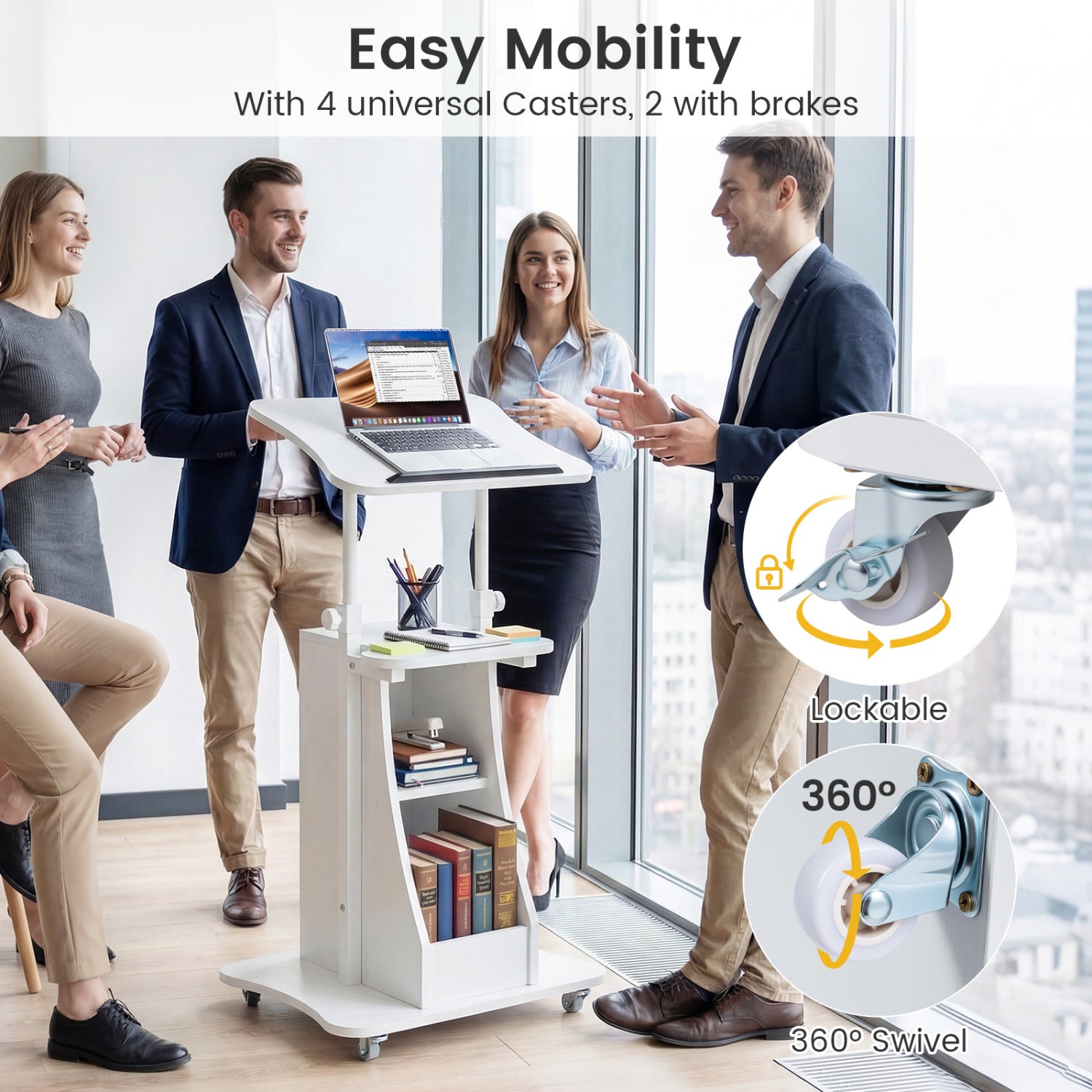 Height Adjustable Mobile Podium Stand, Tilting Tabletop, Storage Compartments, White Laptop Tables & Printer Stands at Gallery Canada