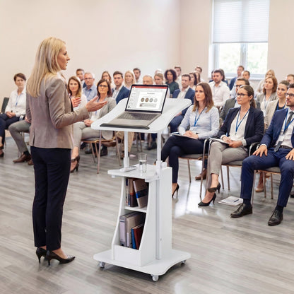 Height Adjustable Mobile Podium Stand, Tilting Tabletop, Storage Compartments, White Laptop Tables & Printer Stands at Gallery Canada