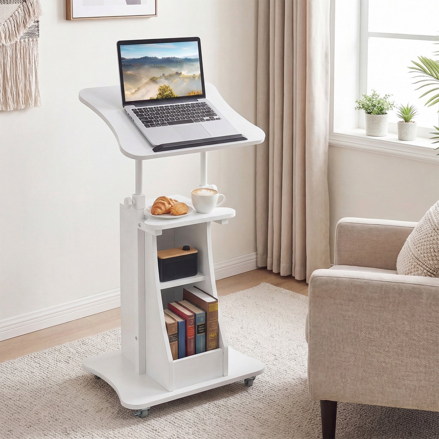 Height Adjustable Mobile Podium Stand, Tilting Tabletop, Storage Compartments, White Laptop Tables & Printer Stands at Gallery Canada
