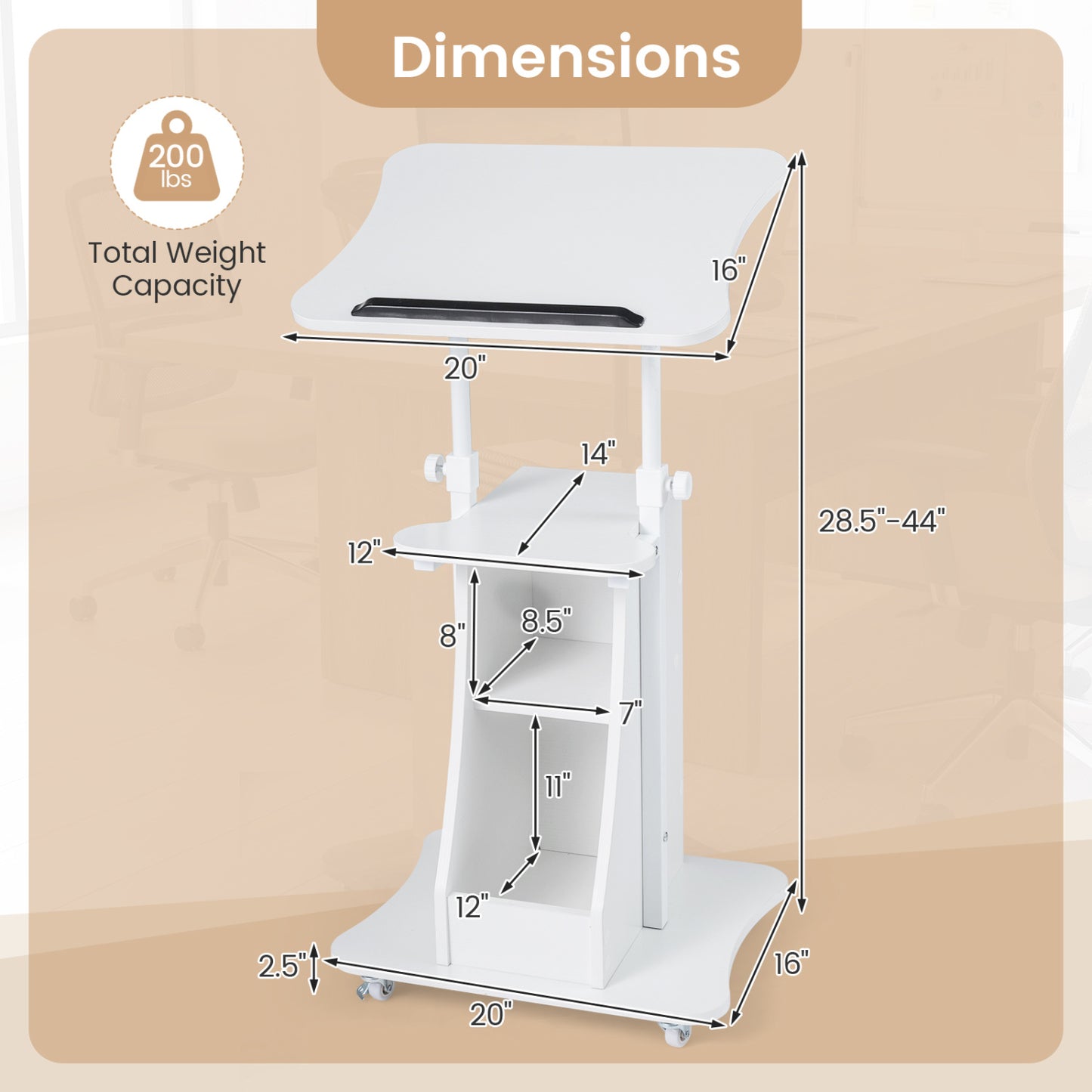 Height Adjustable Mobile Podium Stand, Tilting Tabletop, Storage Compartments, White Laptop Tables & Printer Stands at Gallery Canada