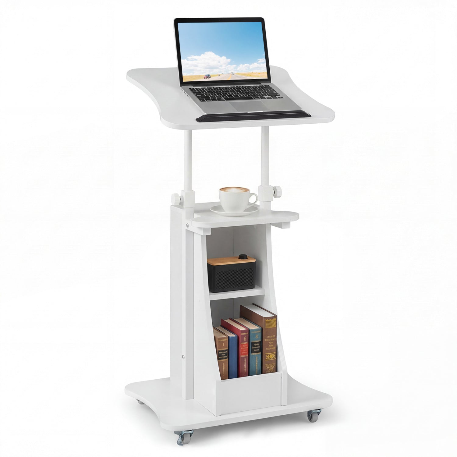 Height Adjustable Mobile Podium Stand, Tilting Tabletop, Storage Compartments, White Laptop Tables & Printer Stands at Gallery Canada