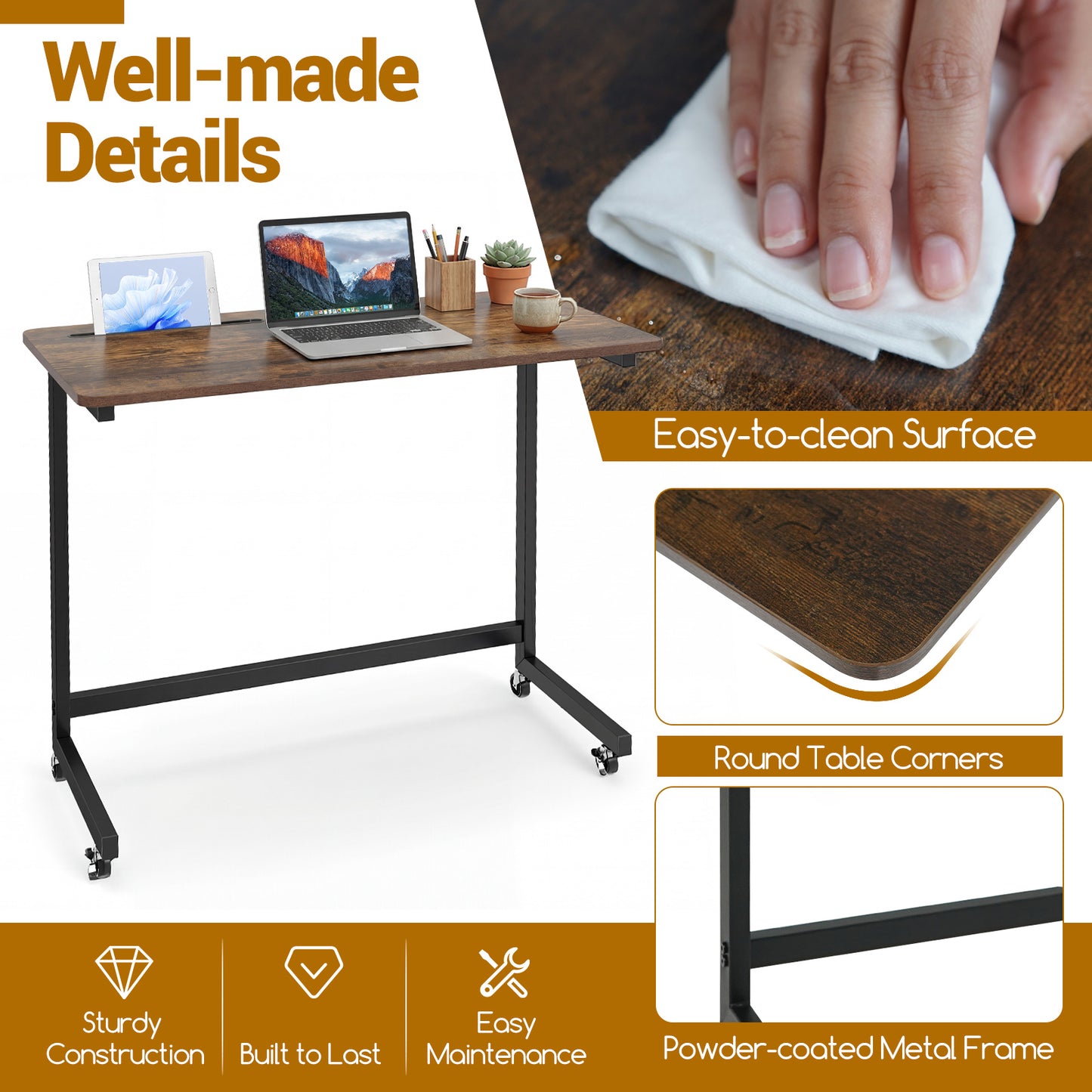 Mobile Side Table Rolling Laptop Desk Cart with Tablet Slot, Rustic Brown End & Side Tables at Gallery Canada