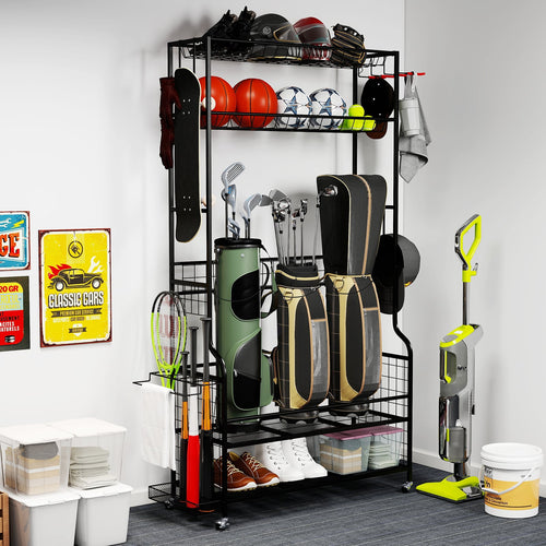 Mobile Sports Equipment Organizer, Golf Bag Storage, Club Rack, Black