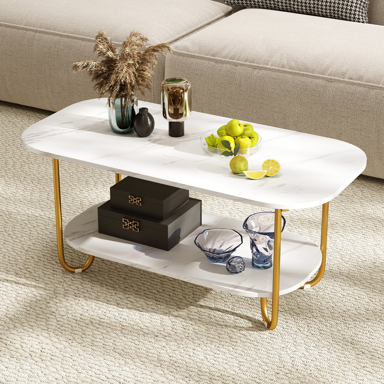 Modern 2-tier Faux Marble Top Coffee Table, White Coffee Tables at Gallery Canada