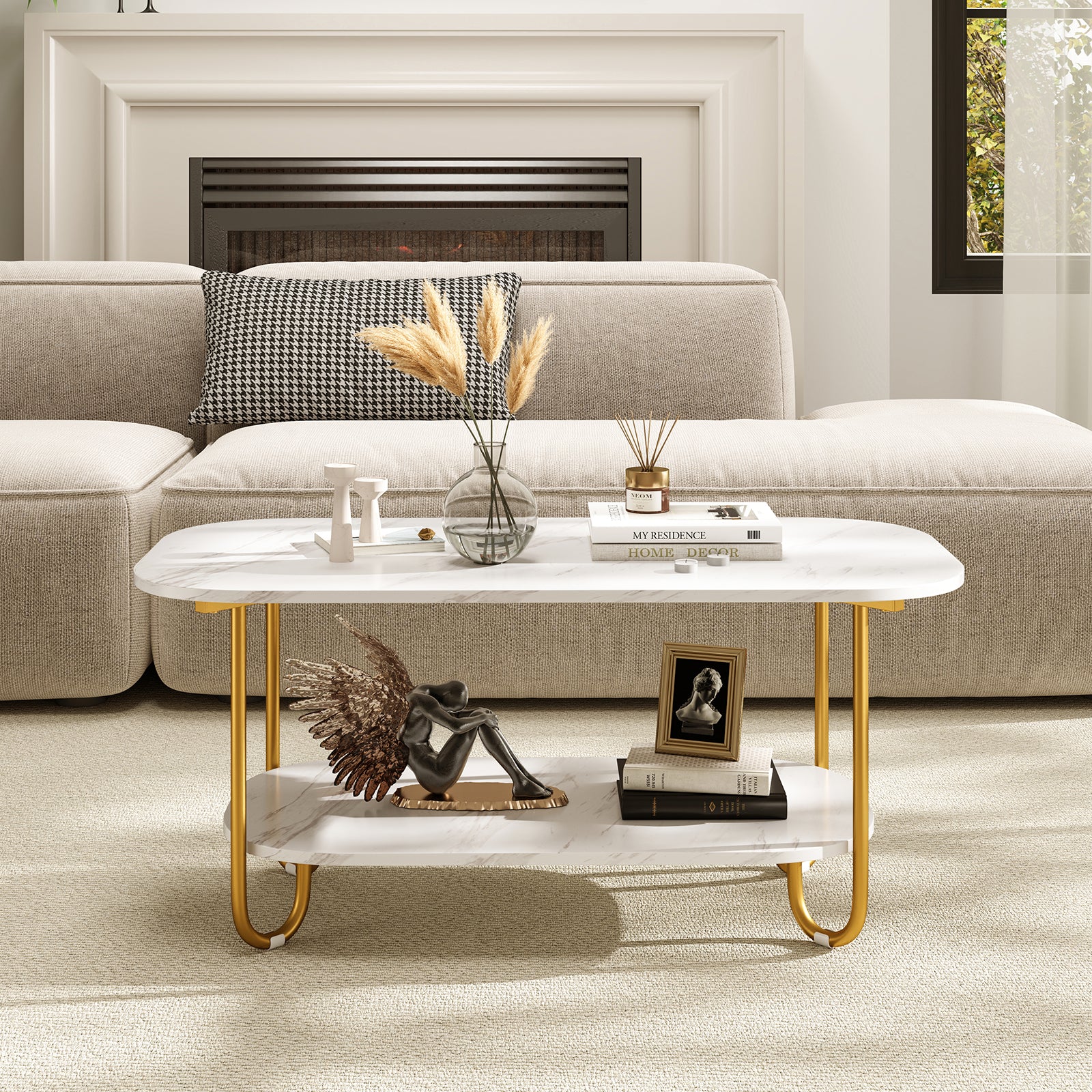 Modern 2-tier Faux Marble Top Coffee Table, White Coffee Tables at Gallery Canada
