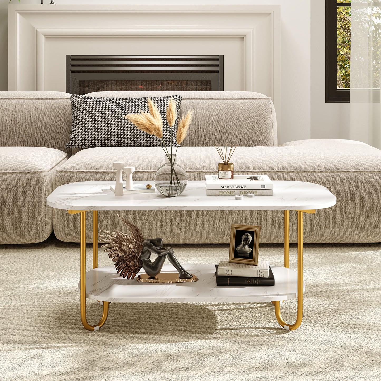 Modern 2-tier Faux Marble Top Coffee Table, White Coffee Tables at Gallery Canada