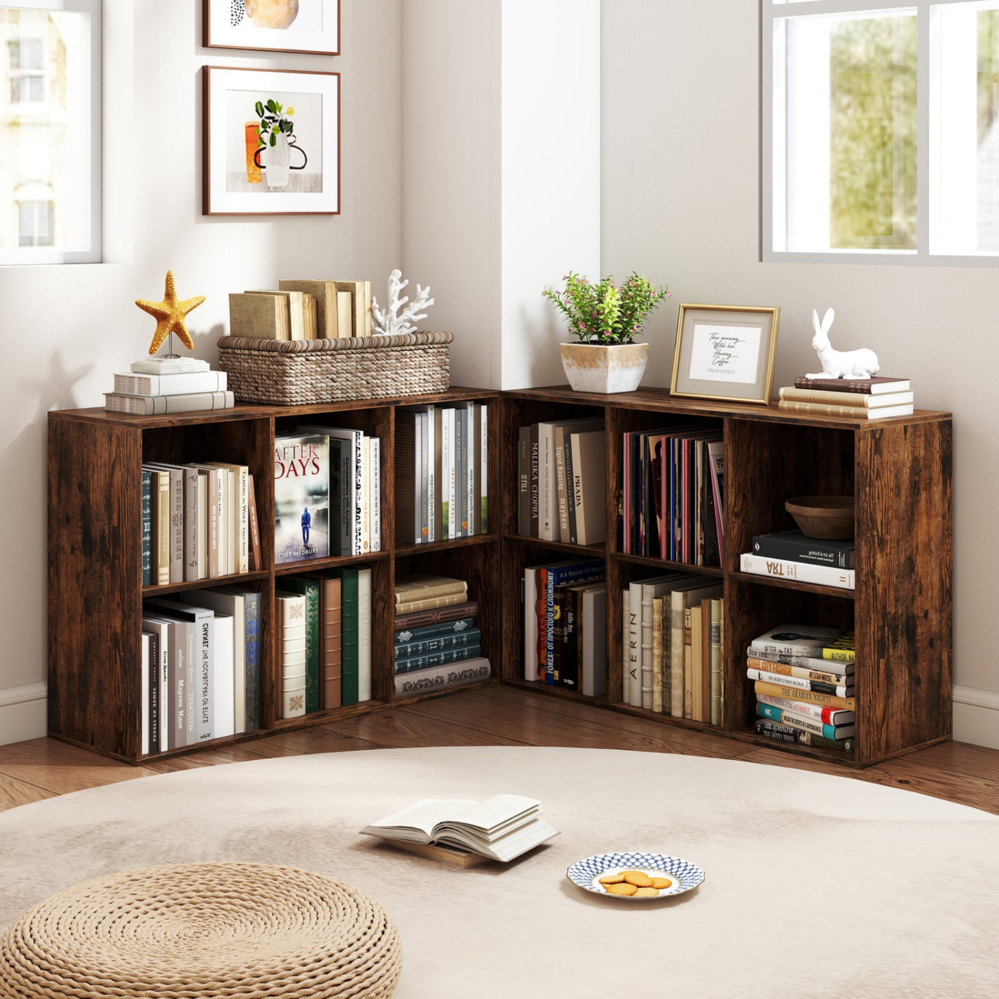 Modern 6-Cube Bookcase with Anti-tipping Kits for Bedroom Living Room, Rustic Brown