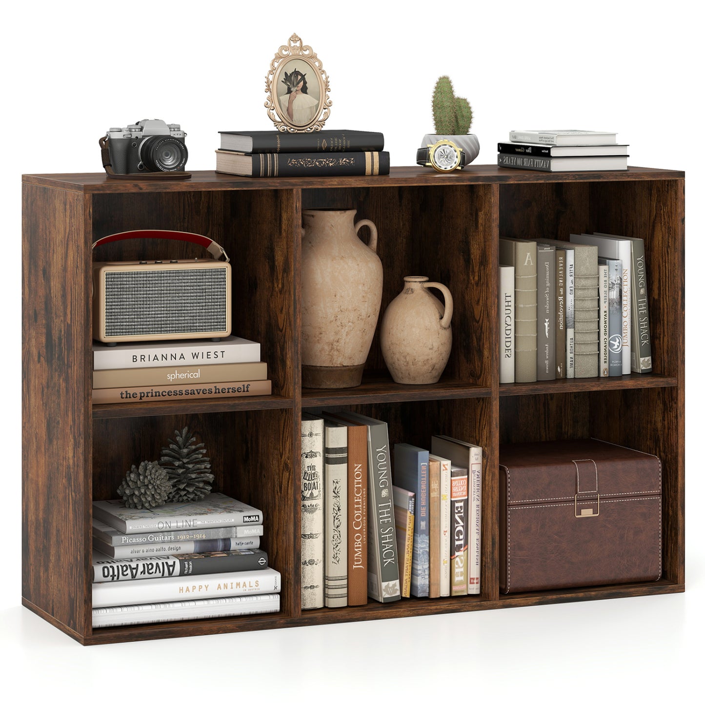 Modern 6-Cube Bookcase with Anti-tipping Kits for Bedroom Living Room, Rustic Brown