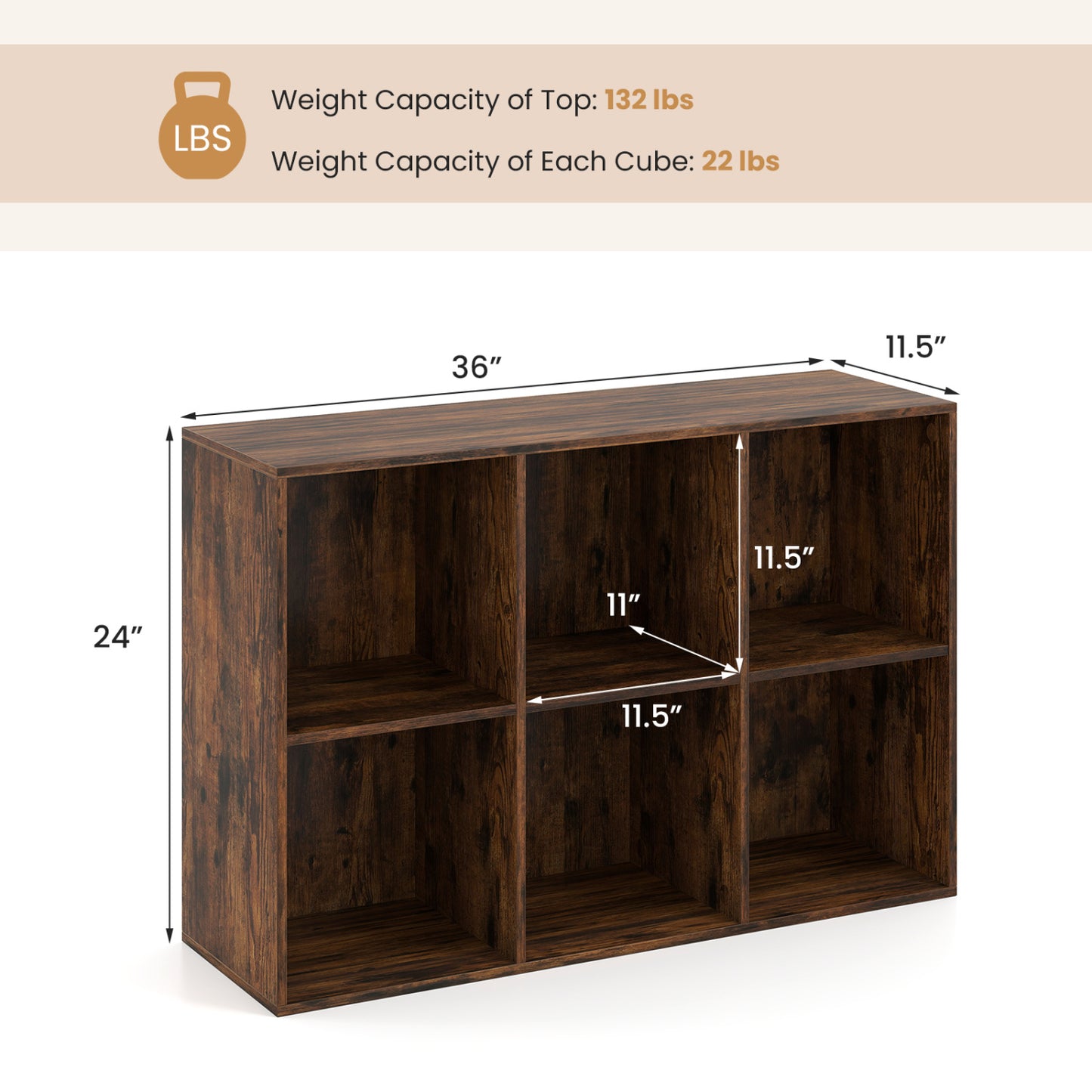 Modern 6-Cube Bookcase with Anti-tipping Kits for Bedroom Living Room, Rustic Brown