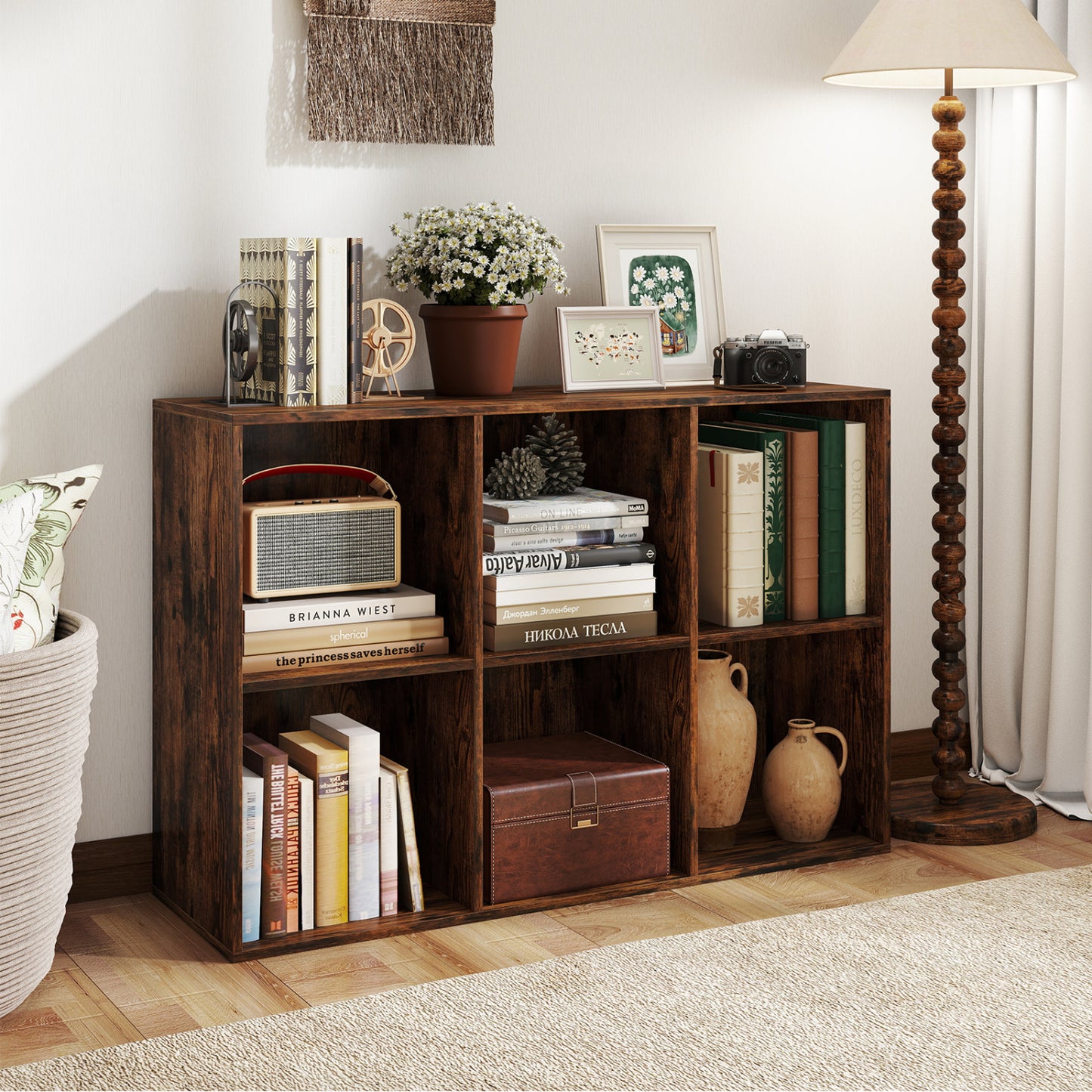 Modern 6-Cube Bookcase with Anti-tipping Kits for Bedroom Living Room, Rustic Brown