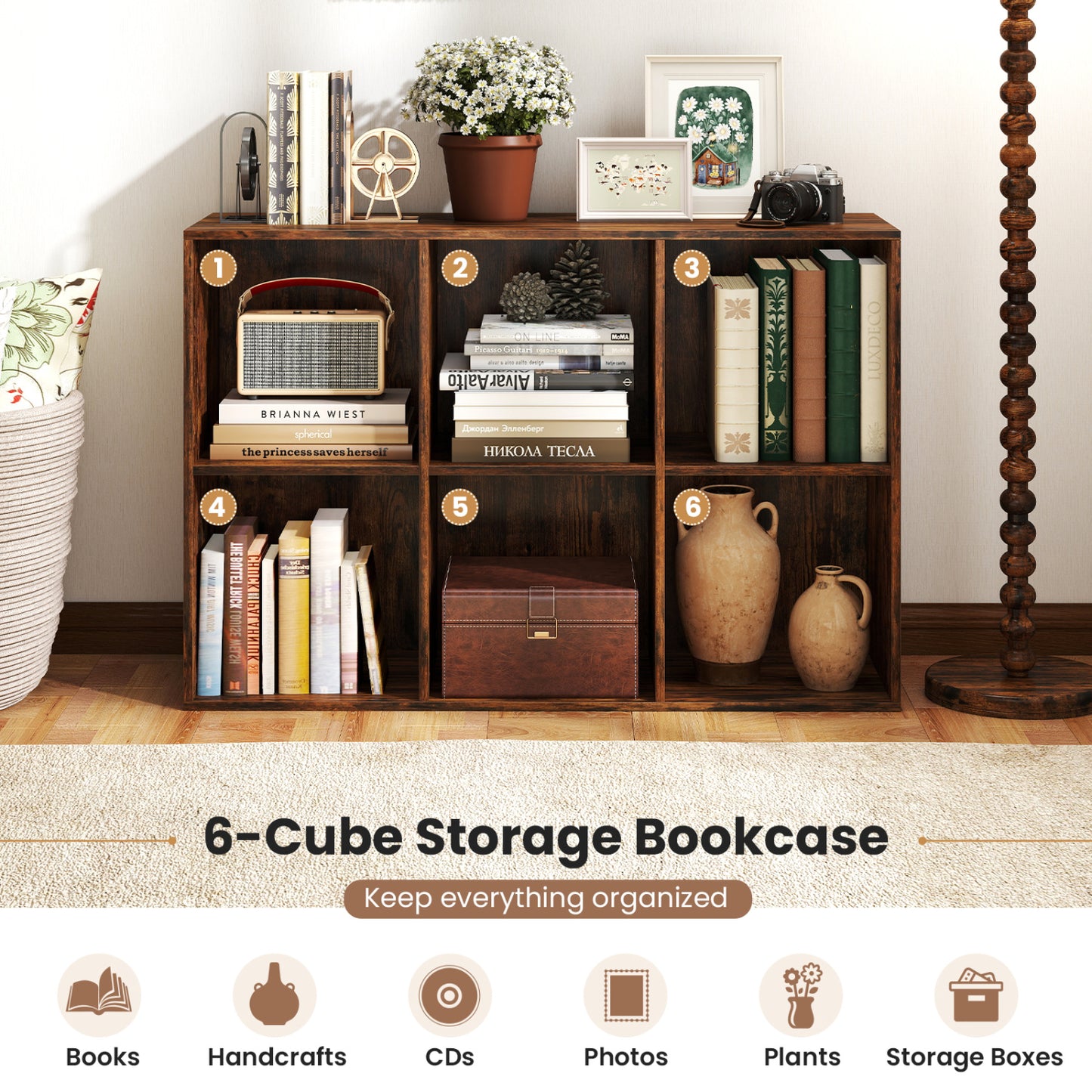Modern 6-Cube Bookcase with Anti-tipping Kits for Bedroom Living Room, Rustic Brown