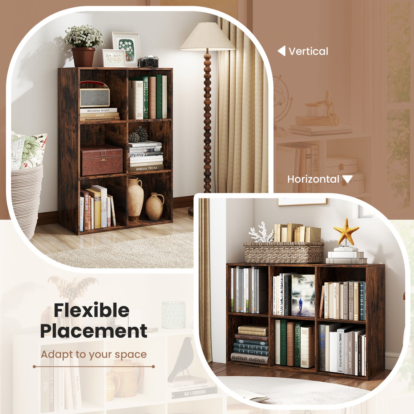 Modern 6-Cube Bookcase with Anti-tipping Kits for Bedroom Living Room, Rustic Brown