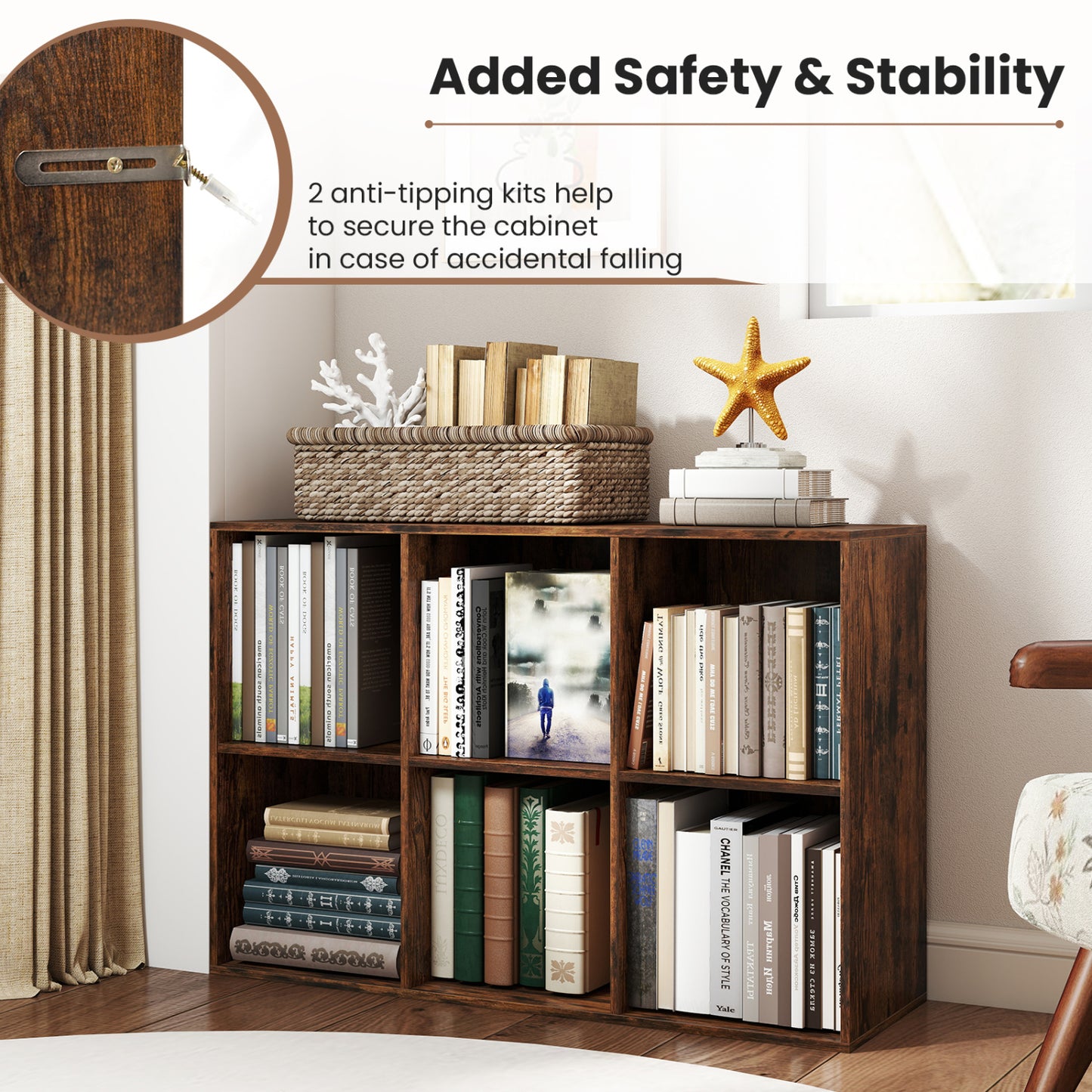 Modern 6-Cube Bookcase with Anti-tipping Kits for Bedroom Living Room, Rustic Brown