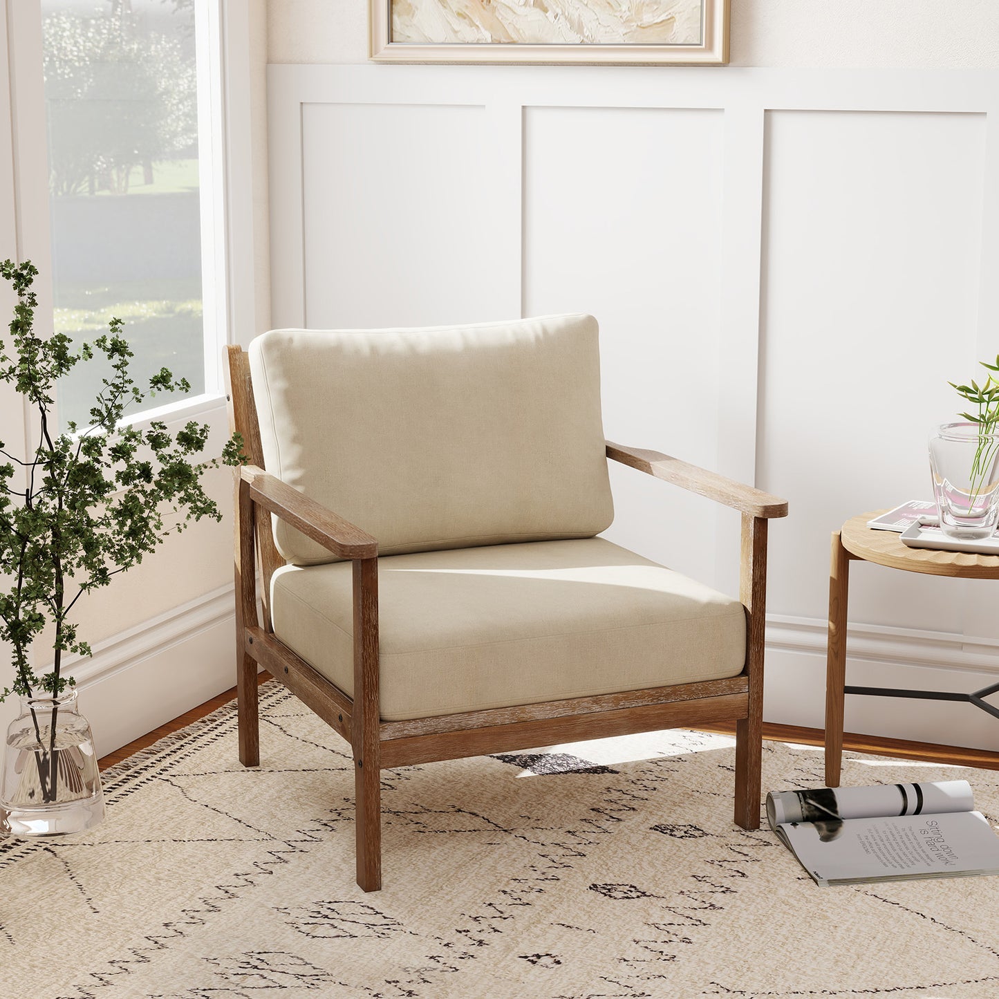 Modern Accent Chair with Solid Rubber Wood Armrests, Beige Accent Chairs at Gallery Canada