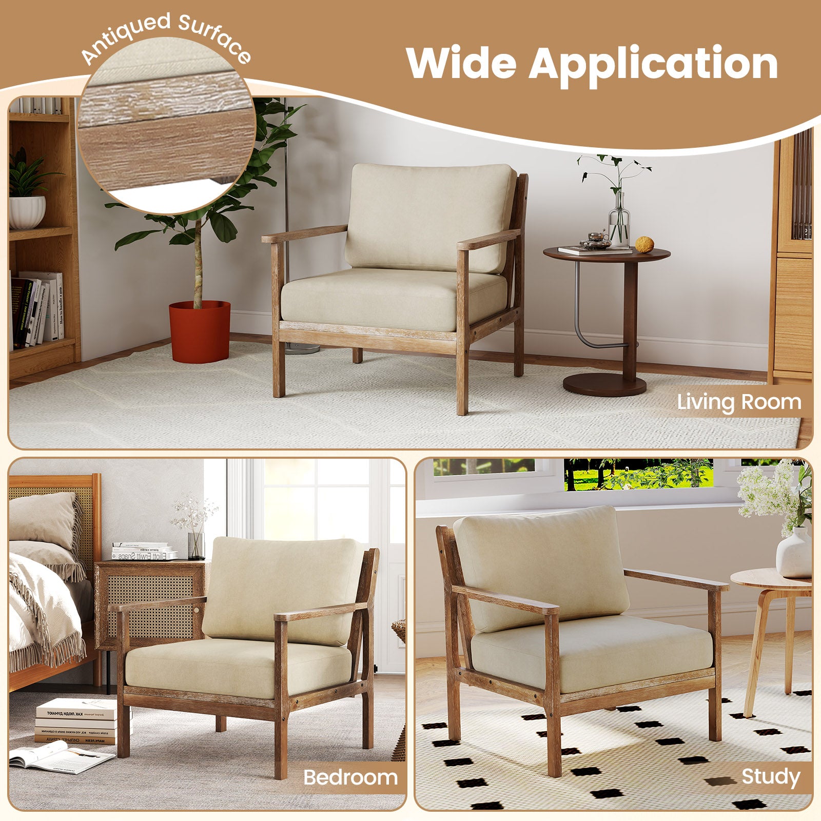 Modern Accent Chair with Solid Rubber Wood Armrests, Beige Accent Chairs at Gallery Canada