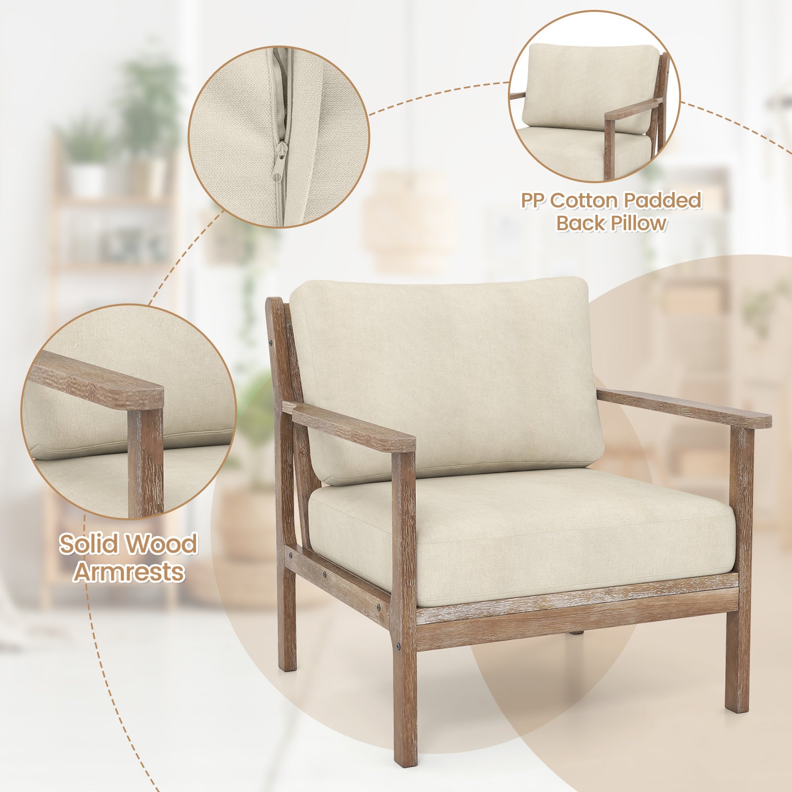 Modern Accent Chair with Solid Rubber Wood Armrests, Beige Accent Chairs at Gallery Canada