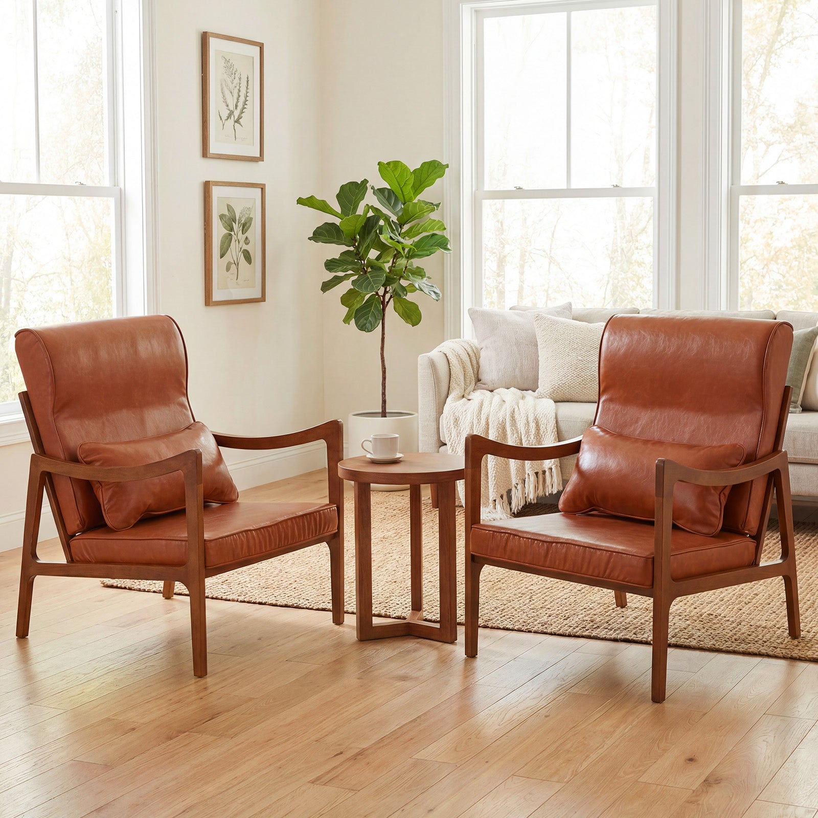 Modern Accent Chair, Solid Rubber Wood Faux Leather Upholstered Armchair, Brown Accent Chairs at Gallery Canada