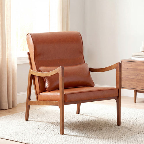 Modern Accent Chair, Solid Rubber Wood Faux Leather Upholstered Armchair, Brown