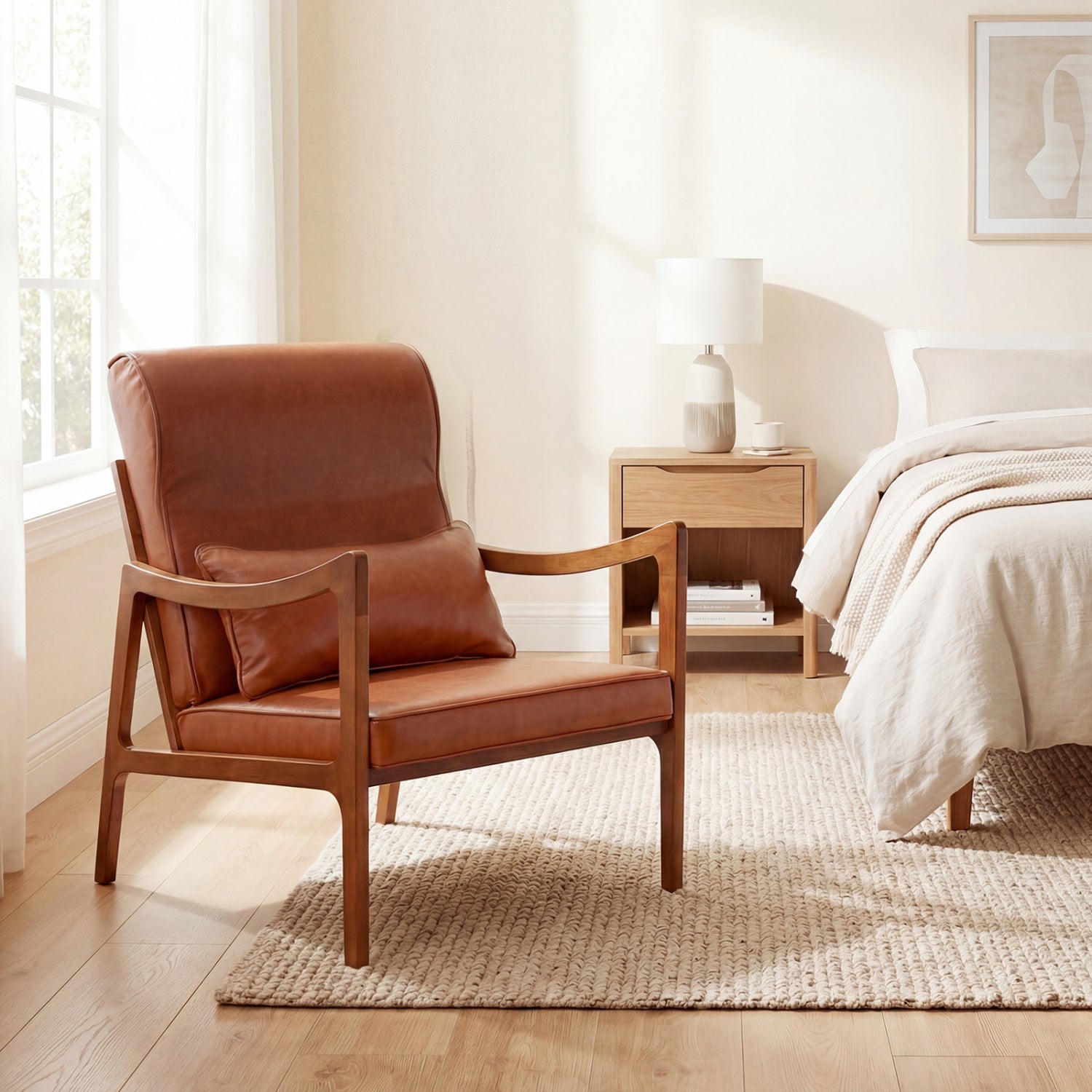 Modern Accent Chair, Solid Rubber Wood Faux Leather Upholstered Armchair, Brown Accent Chairs at Gallery Canada