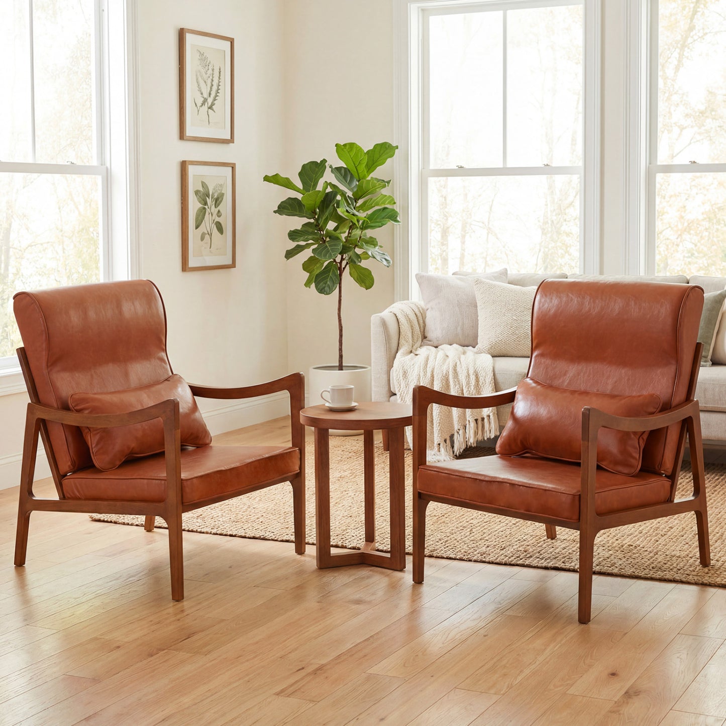 Modern Accent Chair, Solid Rubber Wood Faux Leather Upholstered Armchair, Brown Accent Chairs at Gallery Canada