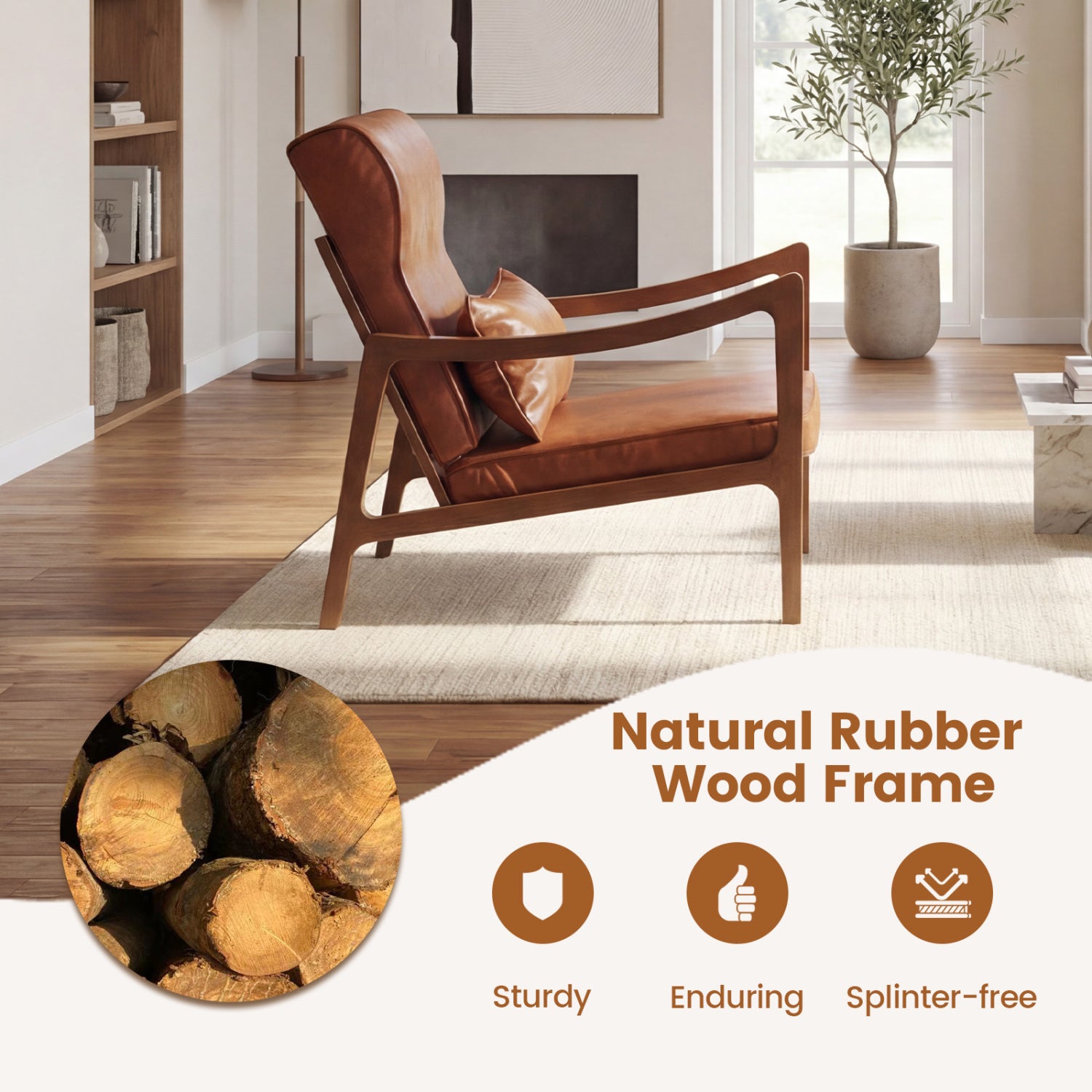 Modern Accent Chair, Solid Rubber Wood Faux Leather Upholstered Armchair, Brown Accent Chairs at Gallery Canada