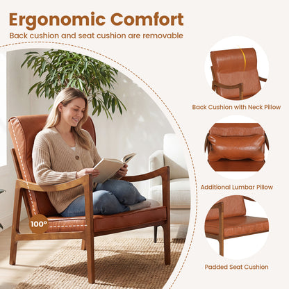 Modern Accent Chair, Solid Rubber Wood Faux Leather Upholstered Armchair, Brown Accent Chairs at Gallery Canada