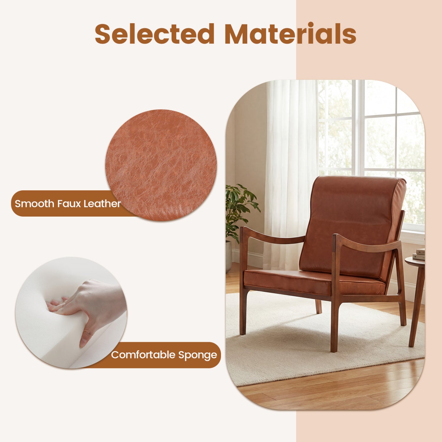 Modern Accent Chair, Solid Rubber Wood Faux Leather Upholstered Armchair, Brown Accent Chairs at Gallery Canada