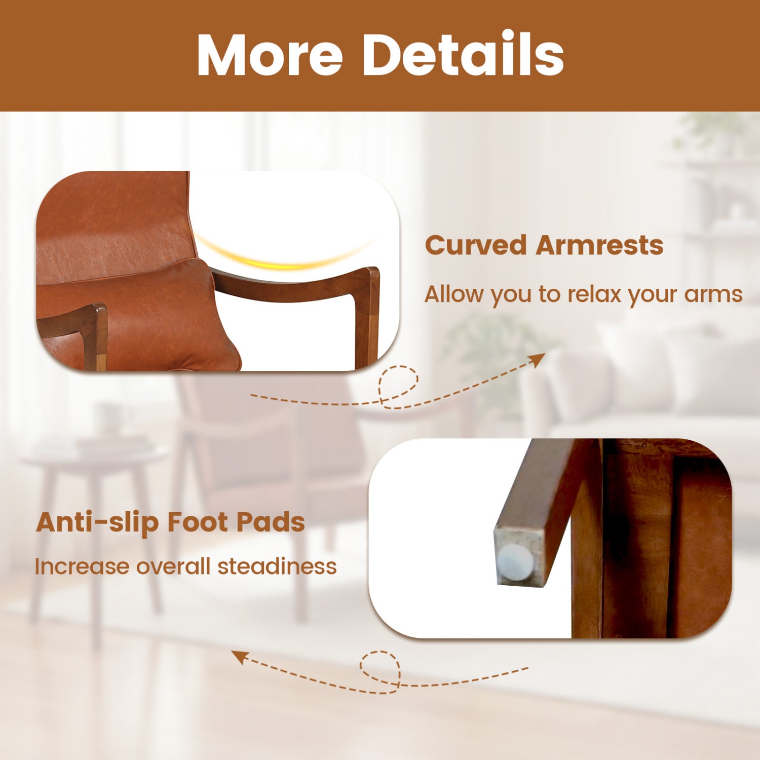 Modern Accent Chair, Solid Rubber Wood Faux Leather Upholstered Armchair, Brown Accent Chairs at Gallery Canada