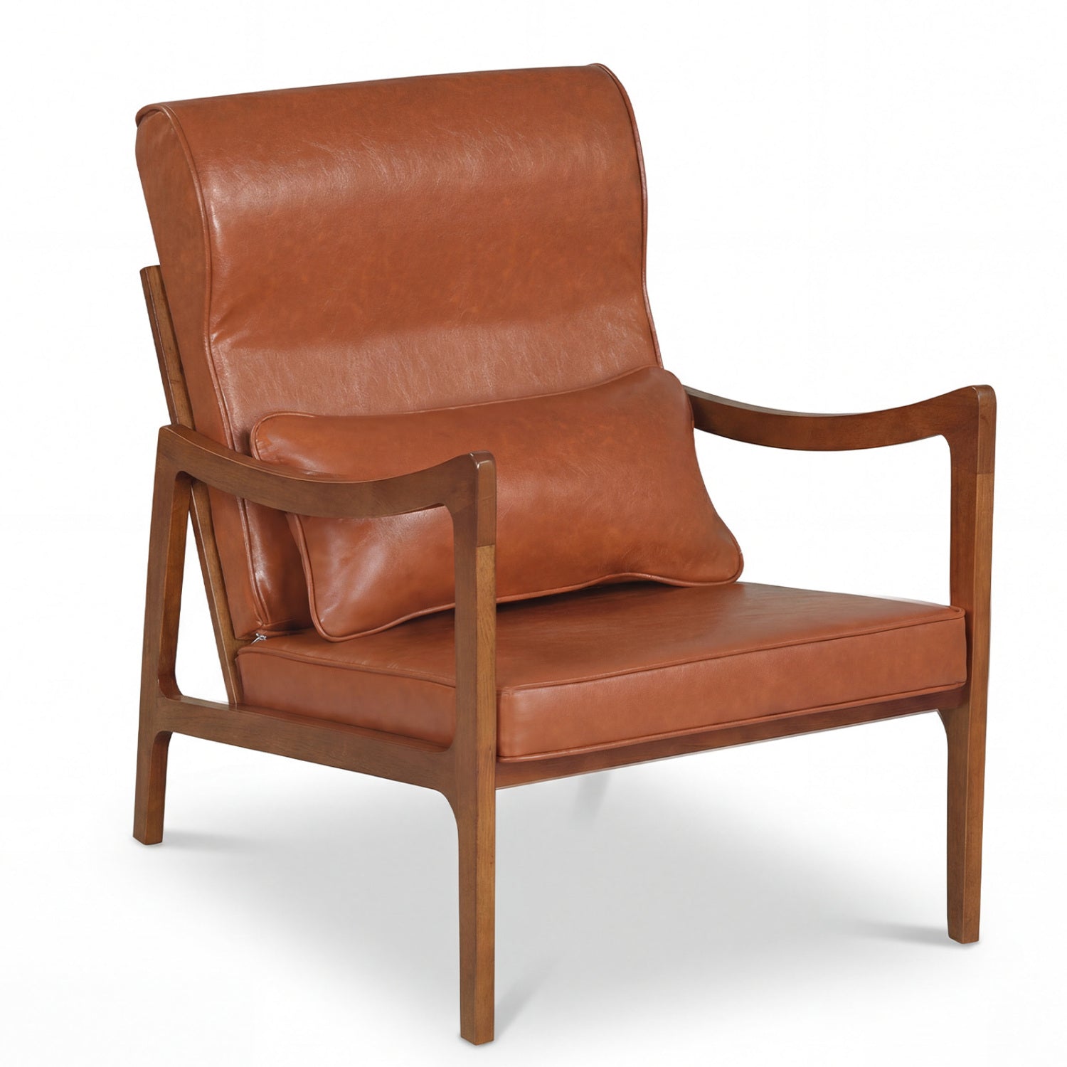 Modern Accent Chair, Solid Rubber Wood Faux Leather Upholstered Armchair, Brown Accent Chairs Brown at Gallery Canada