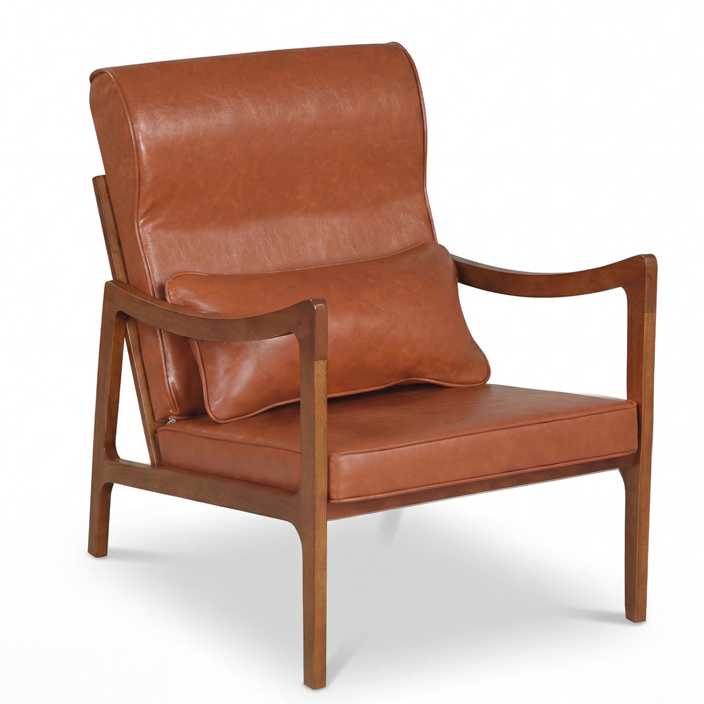 Modern Accent Chair, Solid Rubber Wood Faux Leather Upholstered Armchair, Brown Accent Chairs Brown at Gallery Canada